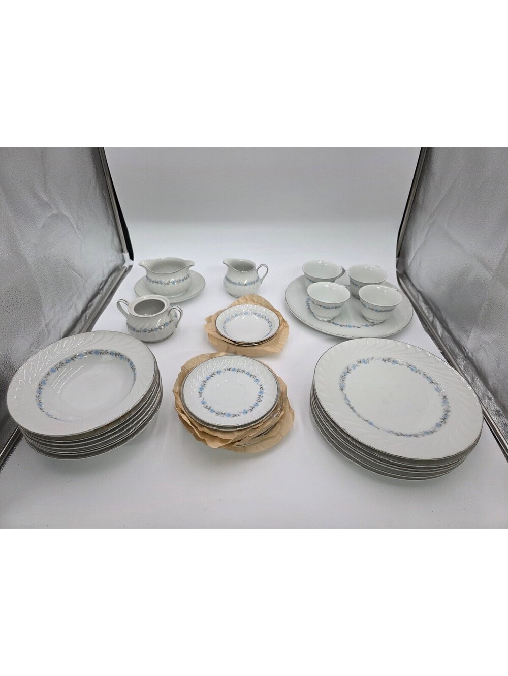 Heritage Fine China Blue Floral Dinnerware Set with Creamers and Cups